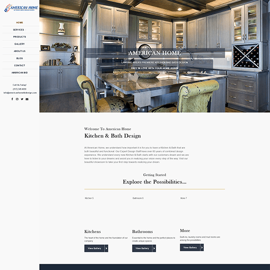 American Home Kitchen and Bath Design website screen capture of homepage.