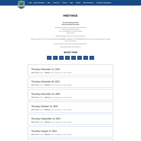 Clinton County Road Commission website screen capture of Meetings page.