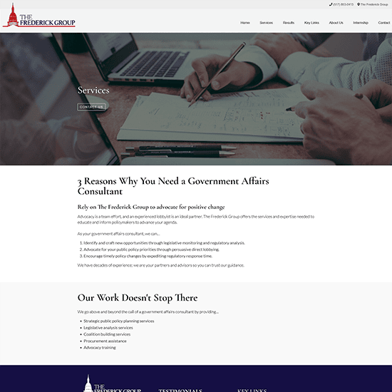 The Frederick Group website screen capture of Services page.