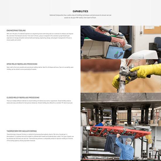 National Composites website screen capture of Capabilities page.